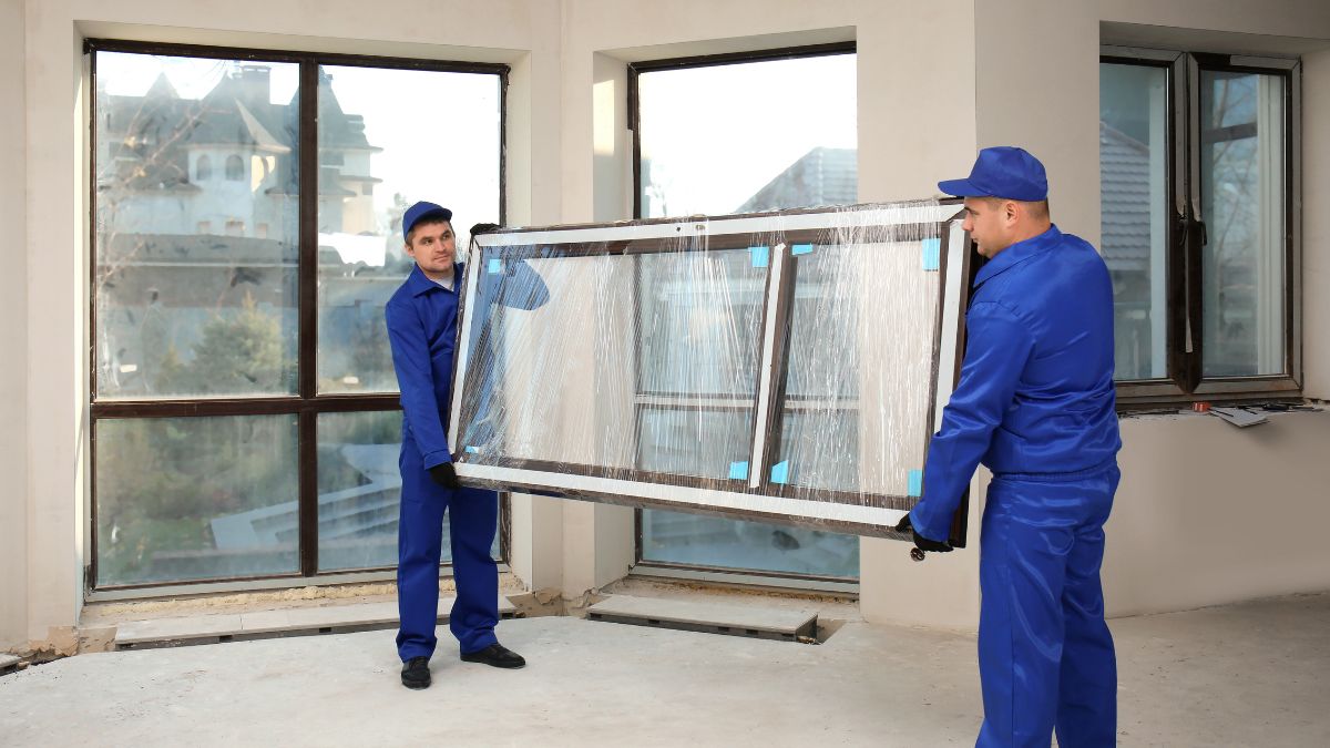 Two men in blue uniforms lift a window frame, illustrating the process of installing energy-efficient insulated windows.