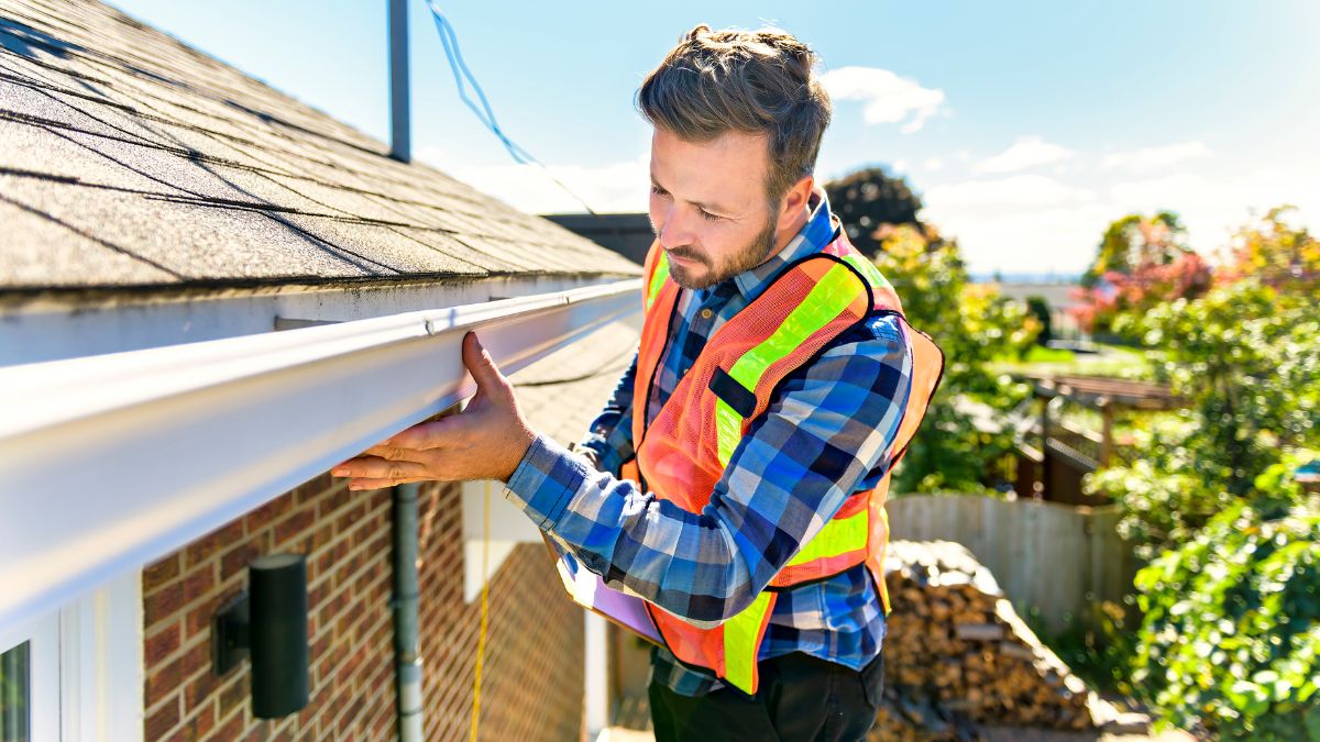 A man in a safety vest holds a clipboard on a roof, illustrating the critical timing of November for roofing inspections in Illinois.